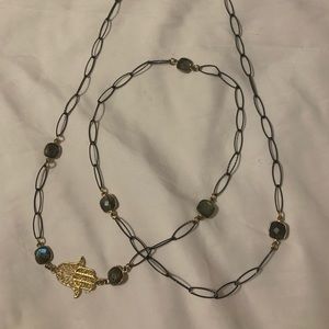 Black Necklace with Gold Hamsa Hand & Stone Accents